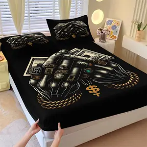 3Pcs Hip Hop Money Hands Fitted Sheet Set, Black & Gold Dollar Sign Print, Urban Streetwear Bedding with Pillowcases, No Fillers, Trendy Bold Design for Men & Teens Bedroom