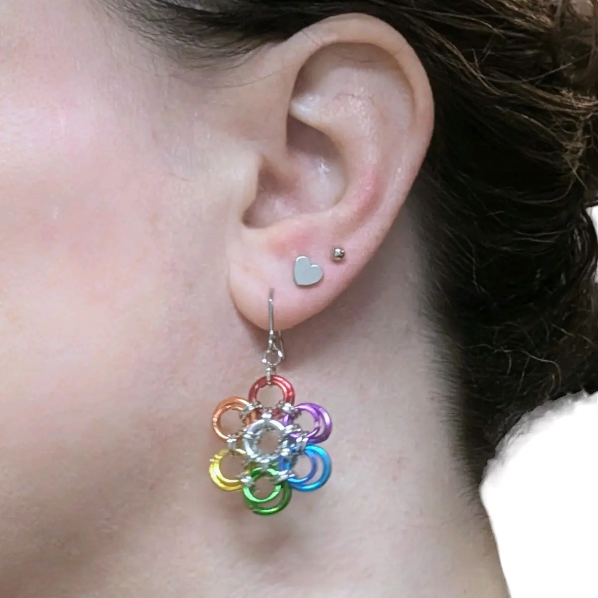 Handmade Chainmaille Flower Earrings in Anodized Aluminum - Lightweight Drop Earrings