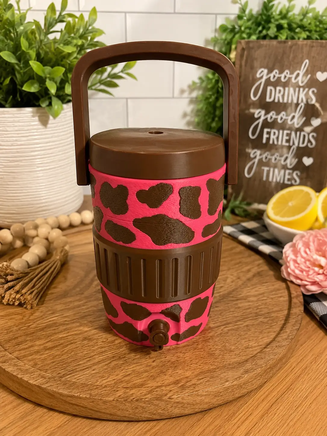 Pink Cow Print Mini Drink Dispenser | Handmade Decorative Beverage Container | Cute Kitchen & Party Décor