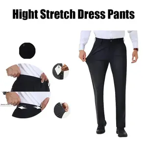 Men’s stretch dress pants, wrinkle-free golf pants, expandable waistband, flat front, business casual pants, formal black summer style