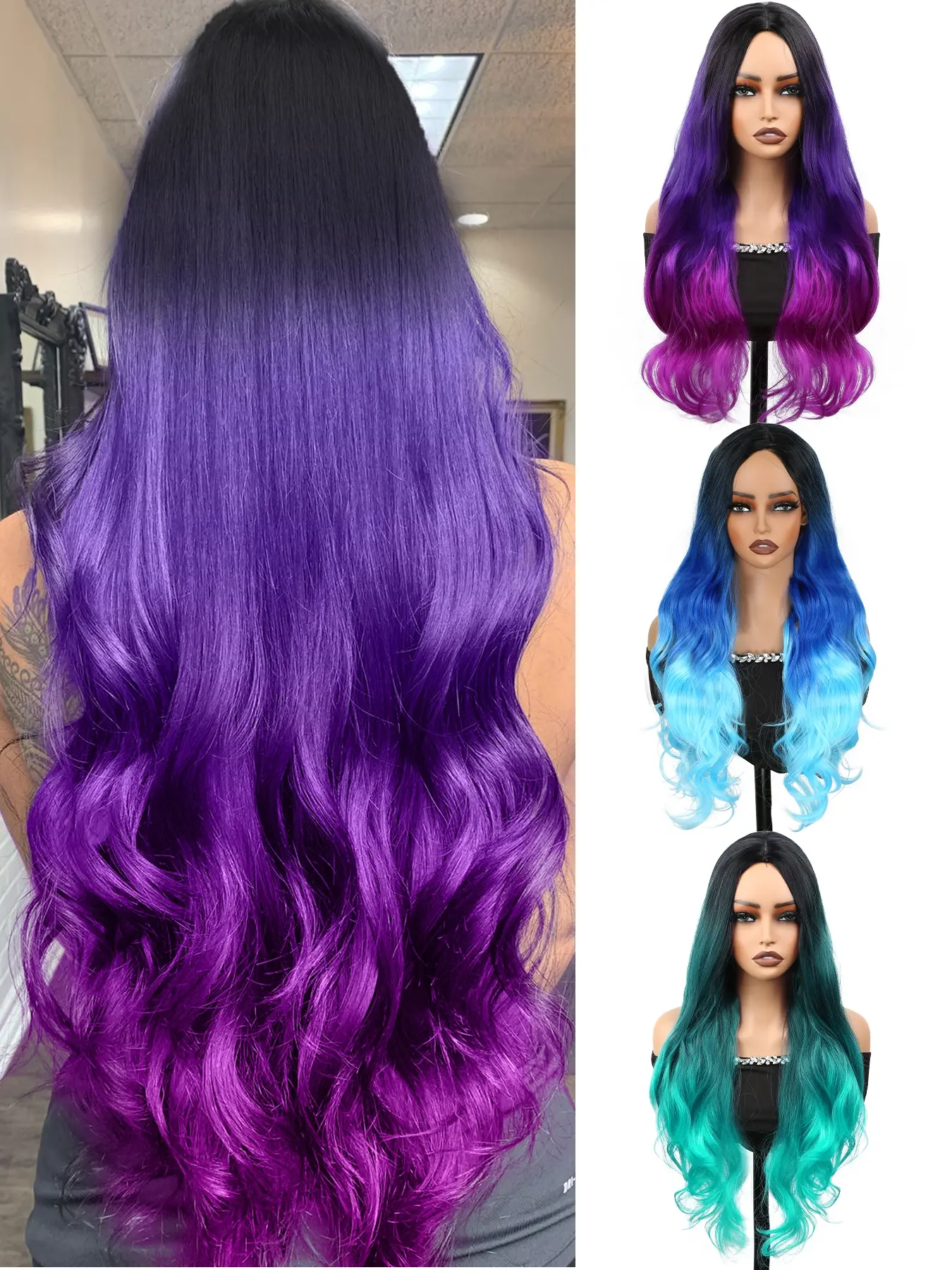 26 Inch Synthetic Fiber Wig Cap, Heat Resistant Polyester, Rose Inner Mesh Design, Wave Gradient Wig, Wavy Wig, Women's Halloween Costume Party Gift, Synthetic Material Wigs