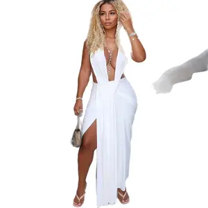 elegant halter Backless woman deep V-neck. sleeveless Irregular. party banquet stretch comfortable fashion clubs. size medium large Womenswear Dress.size Small Medium And Large