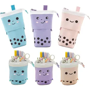 SQ-PCB032 3 Pack Telescopic Pencil Pouch Bag Pop Up Pencil Case Stand Up Pen Holder Cute Polka Dot Canvas Pen Bag, Standing Stationery Case Holder for Students Boys Girls Adult