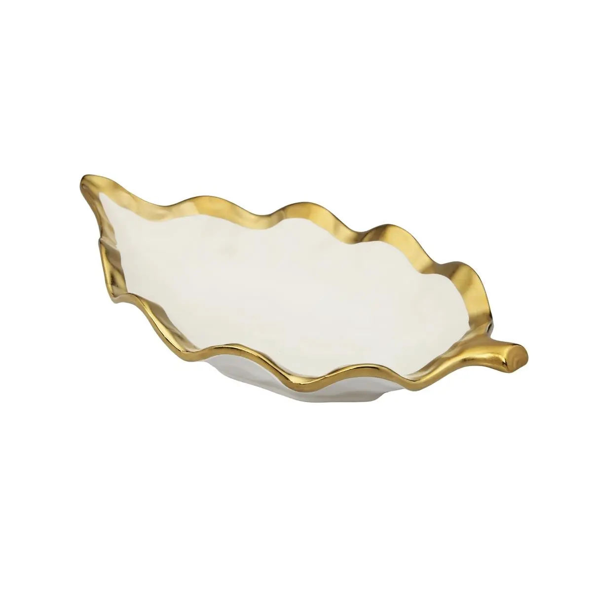 Classic Touch WPL531 1-Piece Durable White Porcelain Leaf Shape Plate with Gold Rim - Buffet Multi-Use Candy Dish, Condiment Holder