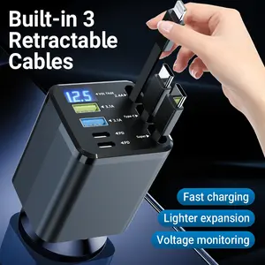 Retractable Car Charger 7-in-1 Fast Charging Adapter with 3 Built-in Cables USB-C Lightning PD QC 3.0 Ports Digital Display for iPhone/Samsung/iPad