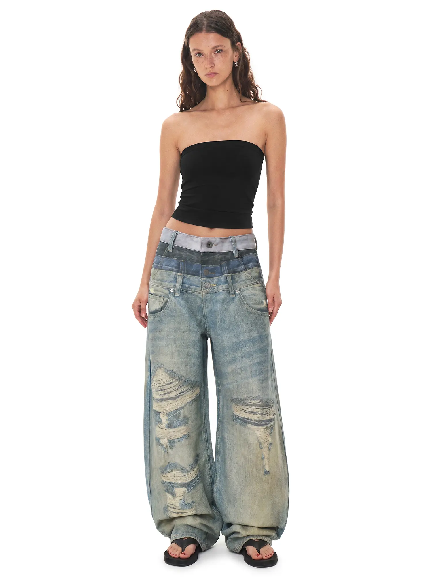 fdr Unisex Retro Denim Jeans, Baggy Wide-Leg Streetwear Style with a Layered Waistband, Gradient Wash, Distressed Rips & Drawing Print, Low Rise Baggy Jeans, Baggy Fit Jeans