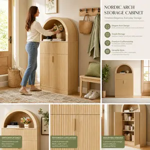 wanan Curved Modern Storage Cabinet (with Three Drawers), Compact Bathroom Cabinet, freestanding Storage Cabinet, Suitable for Kitchens, Living Rooms, Dining Rooms, and bathrooms, Wood Grain