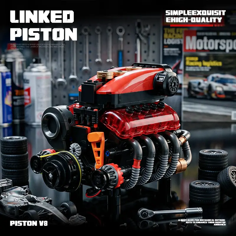 EIKEE Y15013 Piston V8 Mini Engine DIY Kit, 496+pcs Building Block Model, Plastic Blocks Complete DIY Engineering Model Set