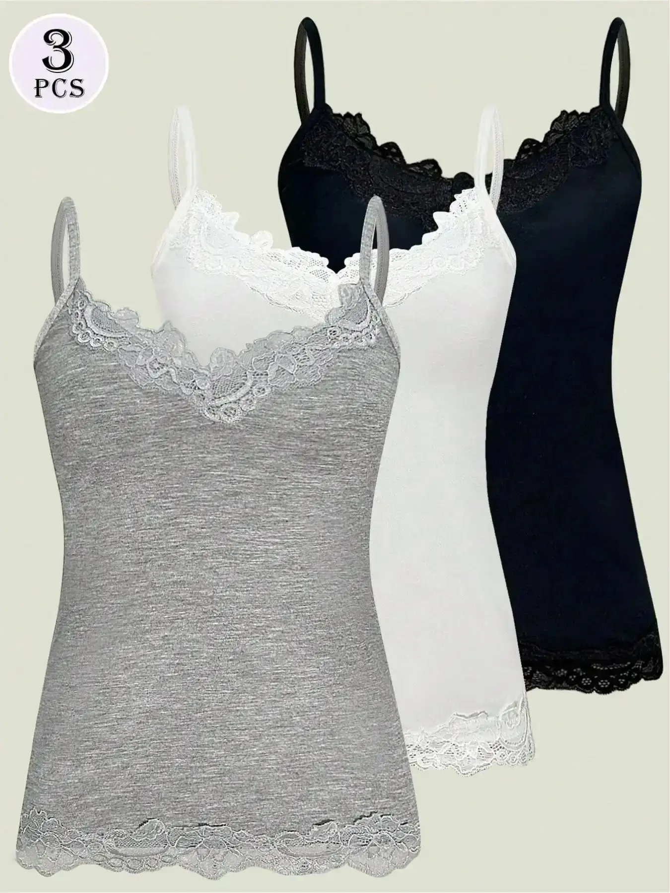 Women's Solid Color Basic Adjustable Straps Sleeveless Cami Top with Lace Trim, Cute Comfortable 3-Piece Set for Everyday Casual Wear, Stylish Relaxed Fit soft fabric quick dry summer glow urban style