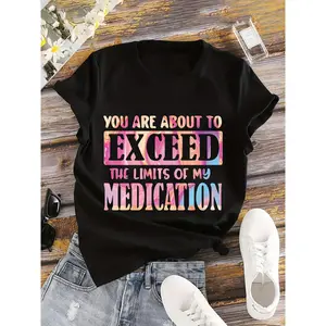 Plus Size Women's Plus Size Gradient EXCEED Print T-Shirt - Short Sleeve Crew Neck Casual Top, 100%, Black with Colorful Text Design, Perfect for Spring & Summer, Everyday Tee Geometric Print Smooth Stretchy Material 0XL-4XL