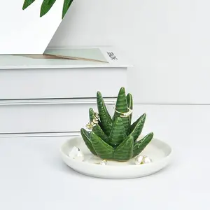Ceramic Aloe Ring Holder, High-Aesthetic Luxury Cactus Ring Tray for Jewelry Storage, Ideal Women's Birthday Gift, Elegant Design