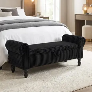 Corduroy Storage Bench, Upholstered End of Bed Bench for Bedroom, Comfy Seating with Rolled Arms, Window Seat with Decorative Legs, Entryway Seating with Hidden Storage