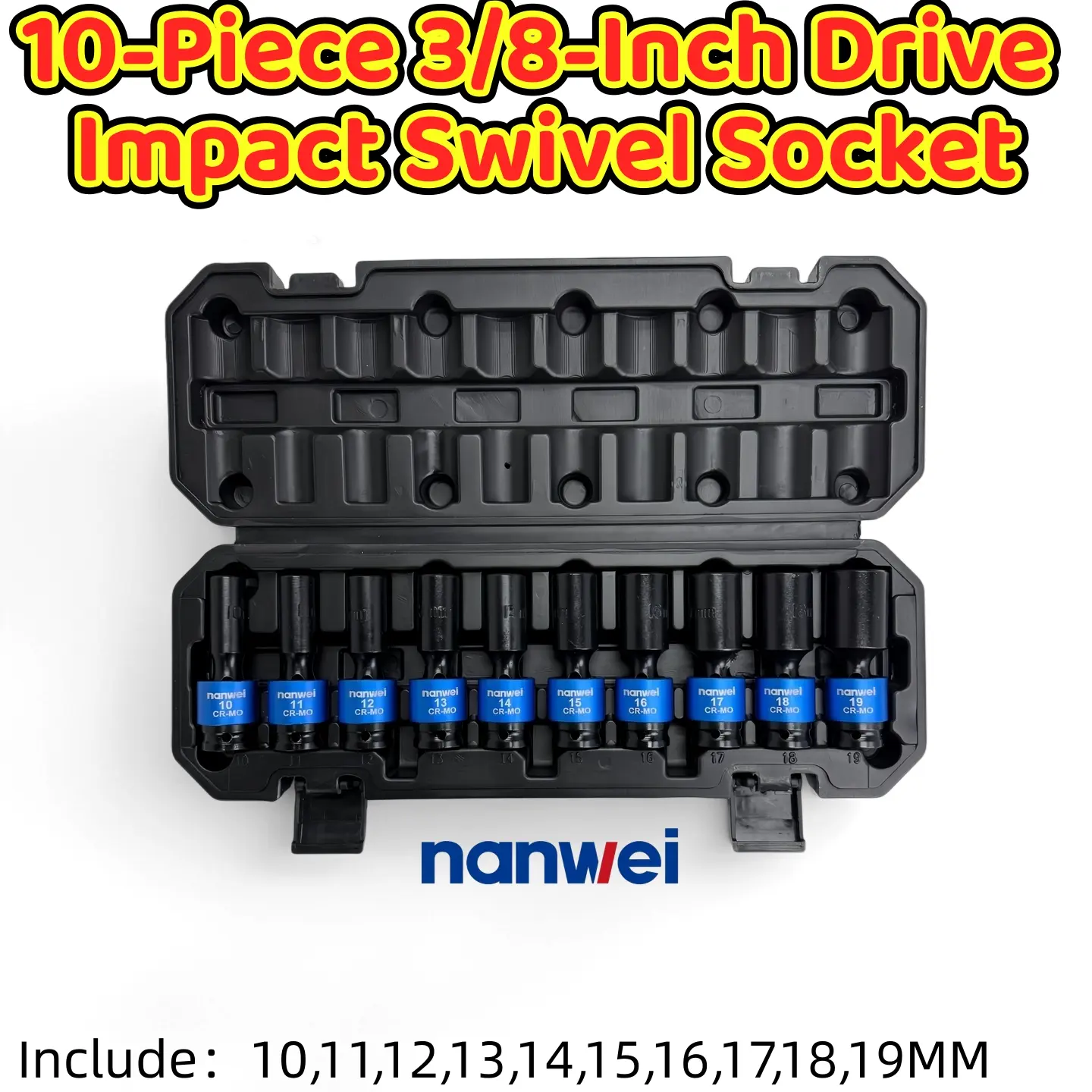 NANWEI 10Pcs 3/8 Inch Drive Universal Swivel Impact Socket Set, Metric 10-19mm CR-MO Flexible Joint Color Coded Impact Sleeves with Hard Storage Case for Auto Garage Mechanic Repair
