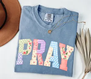 Pray Christian Shirt, Faux Quilted Religious Tee, Varsity Faith Jesus Easter Shirt, Comfort Colors Boho Floral Amen Shirt