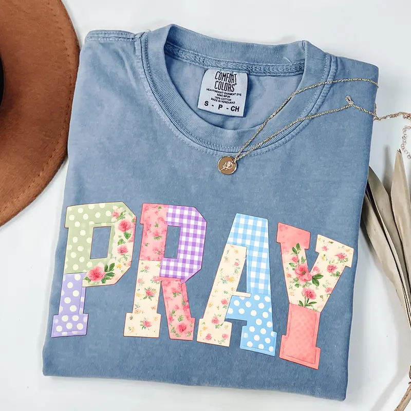 Pray Christian Shirt, Faux Quilted Religious Tee, Varsity Faith Jesus Easter Shirt, Comfort Colors Boho Floral Amen Shirt