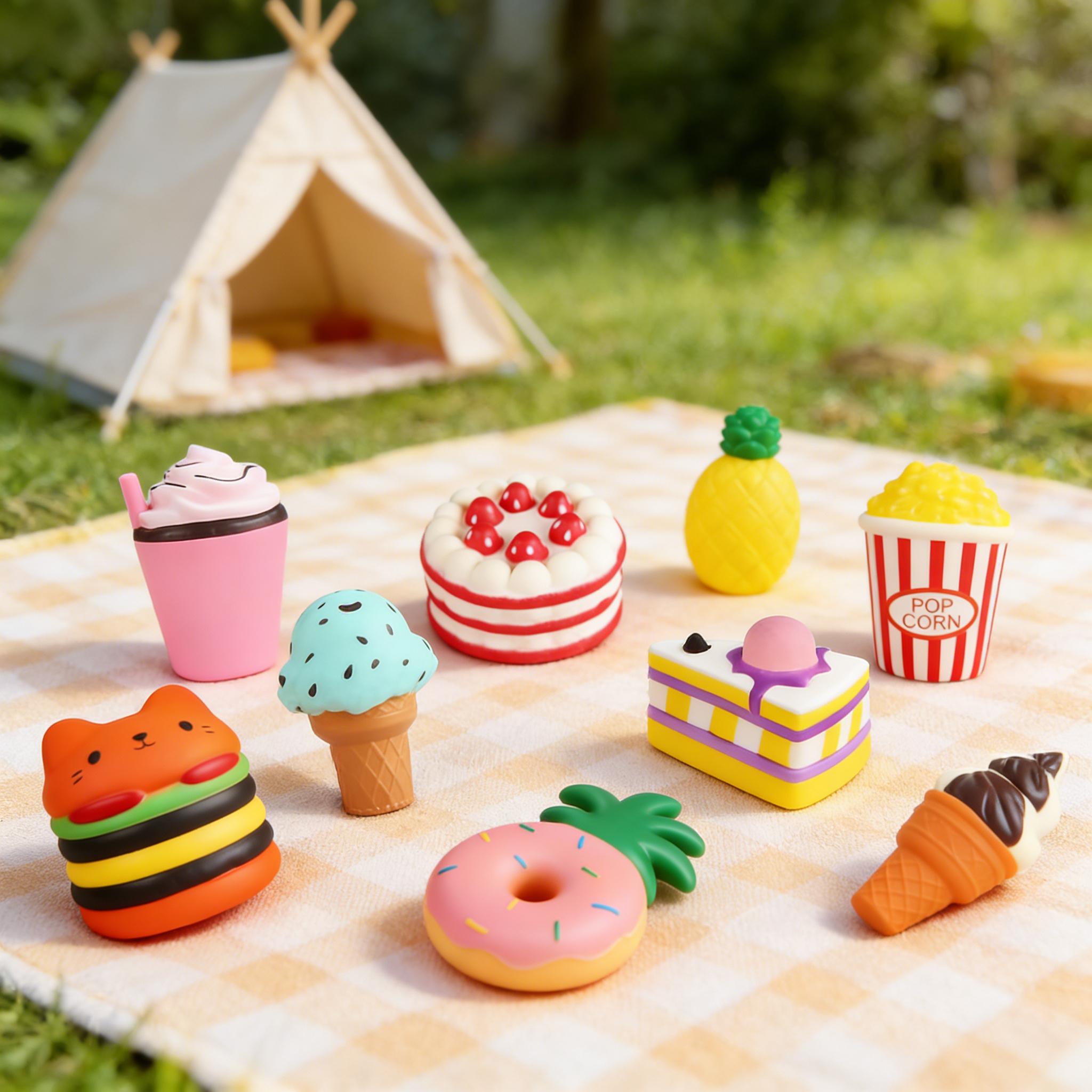 9-Pack Soft Squishy Toys Set – Hamburger, Popcorn, Cake, Ice Cream, Donut Shapes – Stress Relief Squeeze Toy for Boys and Girls