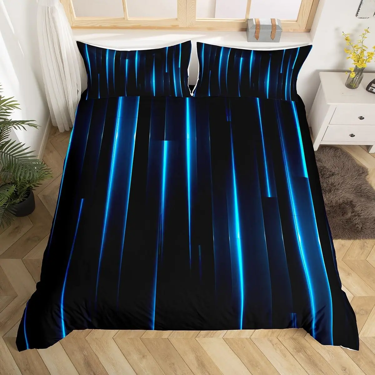 Cloud-Soft Microfiber Duvet Cover Set - Decorative Bedding Set, Polyester Flat Weave, Blue Black Geometric Ombre Striped Pattern, Multi-Size for Modern Bedrooms (No Comforter), Microfiber Bedding Set