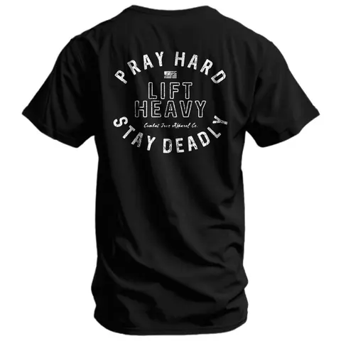 COMBAT IRON Men's Cotton/Poly Round Neck Short-Sleeve Graphic Bodybuilding Tee - "Pray Hard, Lift Heavy, Stay Deadly" All-Seasons Work-to-Gym Wear Men's T-Shirt