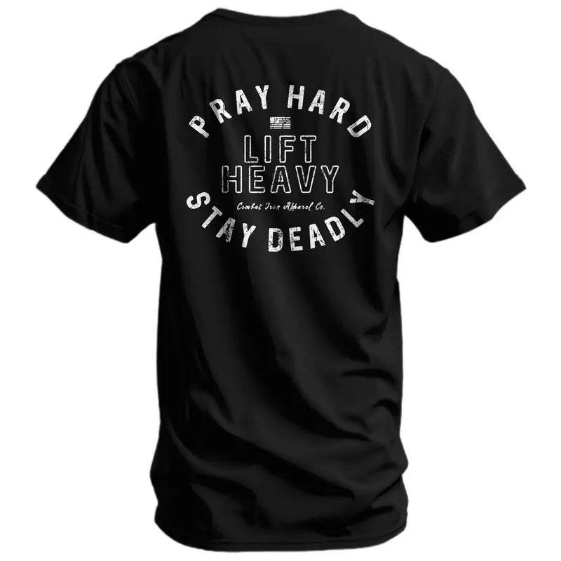 COMBAT IRON Men's Cotton/Poly Round Neck Short-Sleeve Graphic Bodybuilding Tee - "Pray Hard, Lift Heavy, Stay Deadly" All-Seasons Work-to-Gym Wear Men's T-Shirt