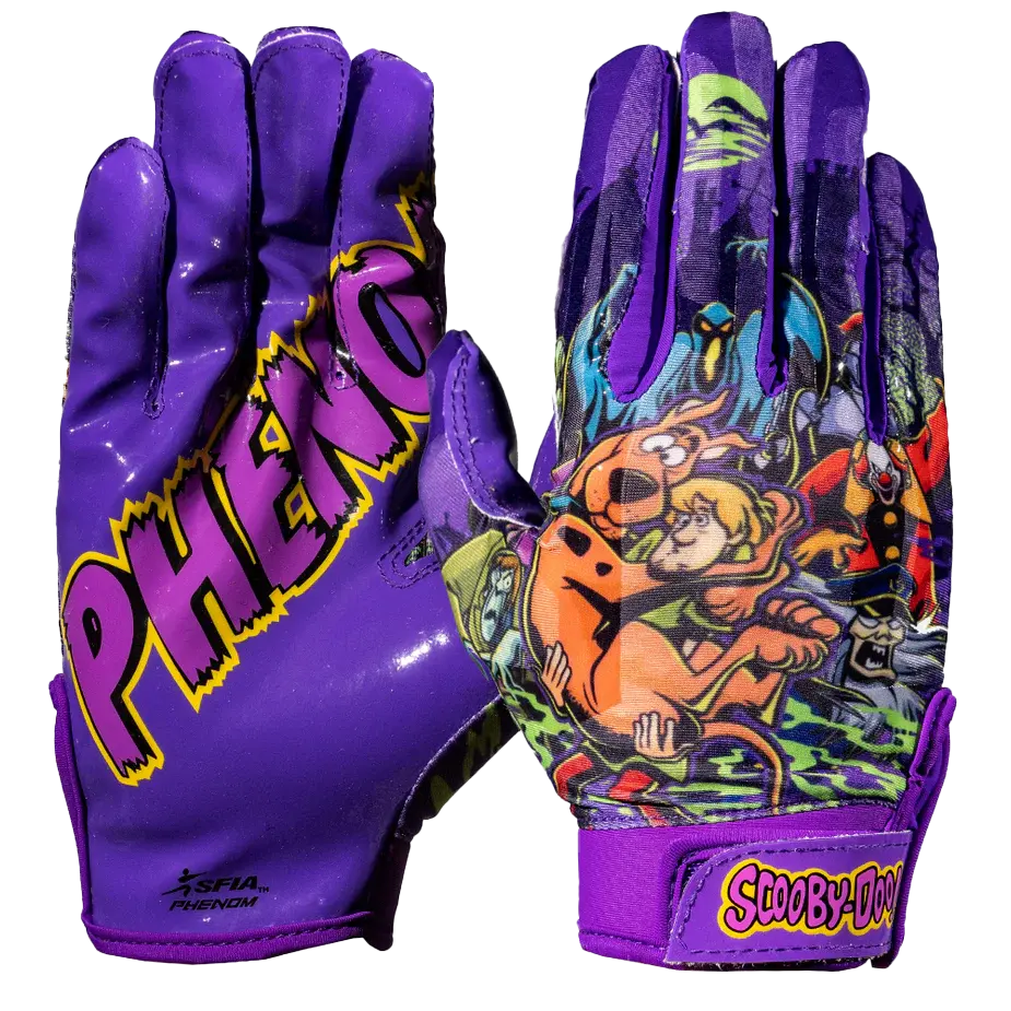 Phenom Elite VPS1 Officially Licensed Scooby-Doo 'Unmasked' Limited Edition Flag Football Gloves - 1 Pair, Non-Lineman Skill Position, Silicone Palm, Adjustable Strap, Large Size, Rain Grip, Secure Tackle, Cool Lycra Back, Comic Artwork, Practice Use, Mul