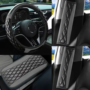 Leather Steering Wheel Cover Set PU Bubble 4pcs - Armrest Box Mat Seat Belt Shoulder Protector for Car Interior Protection & Decoration