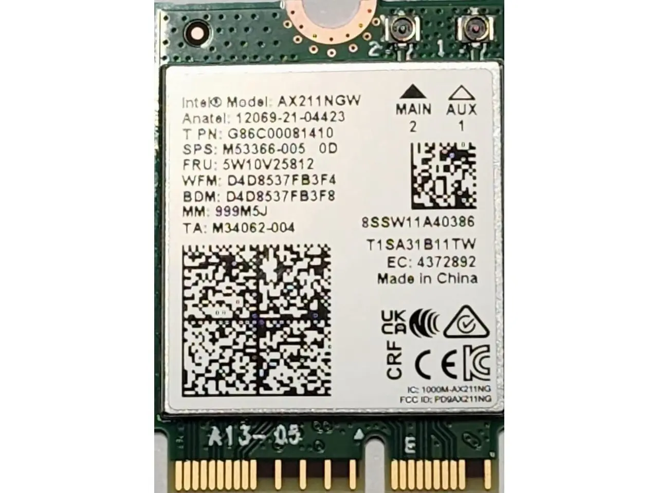 AX211 WIFI 6E CNVio2 Adapter w/Tri Band 2.4 | 5 | & 6GHz AX211NGW 2.4Gbps 802.11ax Wireless CRF Card Bluetooth 5.3 Compatible No vPro
