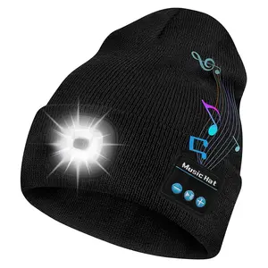 JUSIEX Bluetooth Beanie with LED Headlight & Removable Speaker - USB Rechargeable Wireless Knit Winter Cap with Microphone for Music & Calling, Unisex Christmas Birthday Gift for Men, Husband, Teens