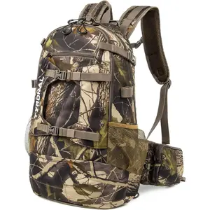 Camo Hunting Backpack with Rifle & Bow Carry System, 3.7lb Lightweight Outdoor Day Pack, Water-Resistant Hiking Backpack with Rain Cover (Green Camo)
