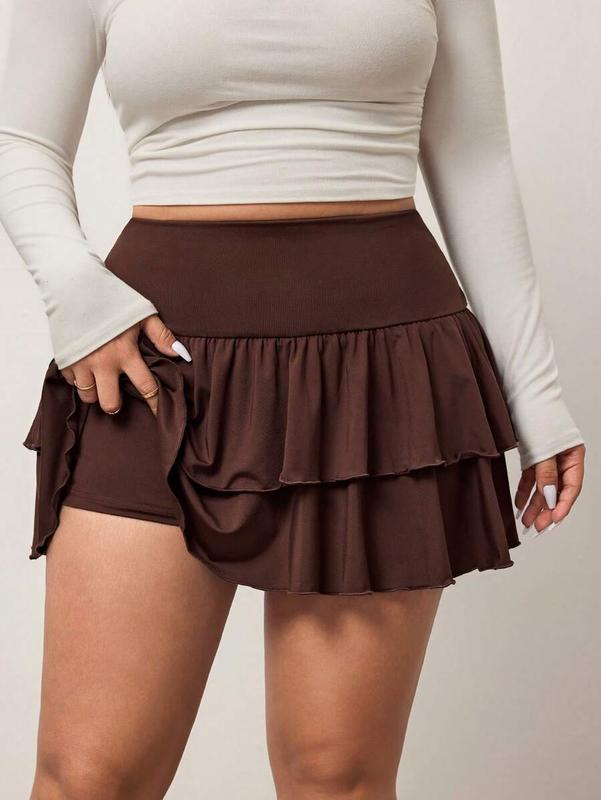 Enliva Plus Size Women Chocolate Brown Short A-Line Skirt, Cake Style, For Apple Rounded Body Shape