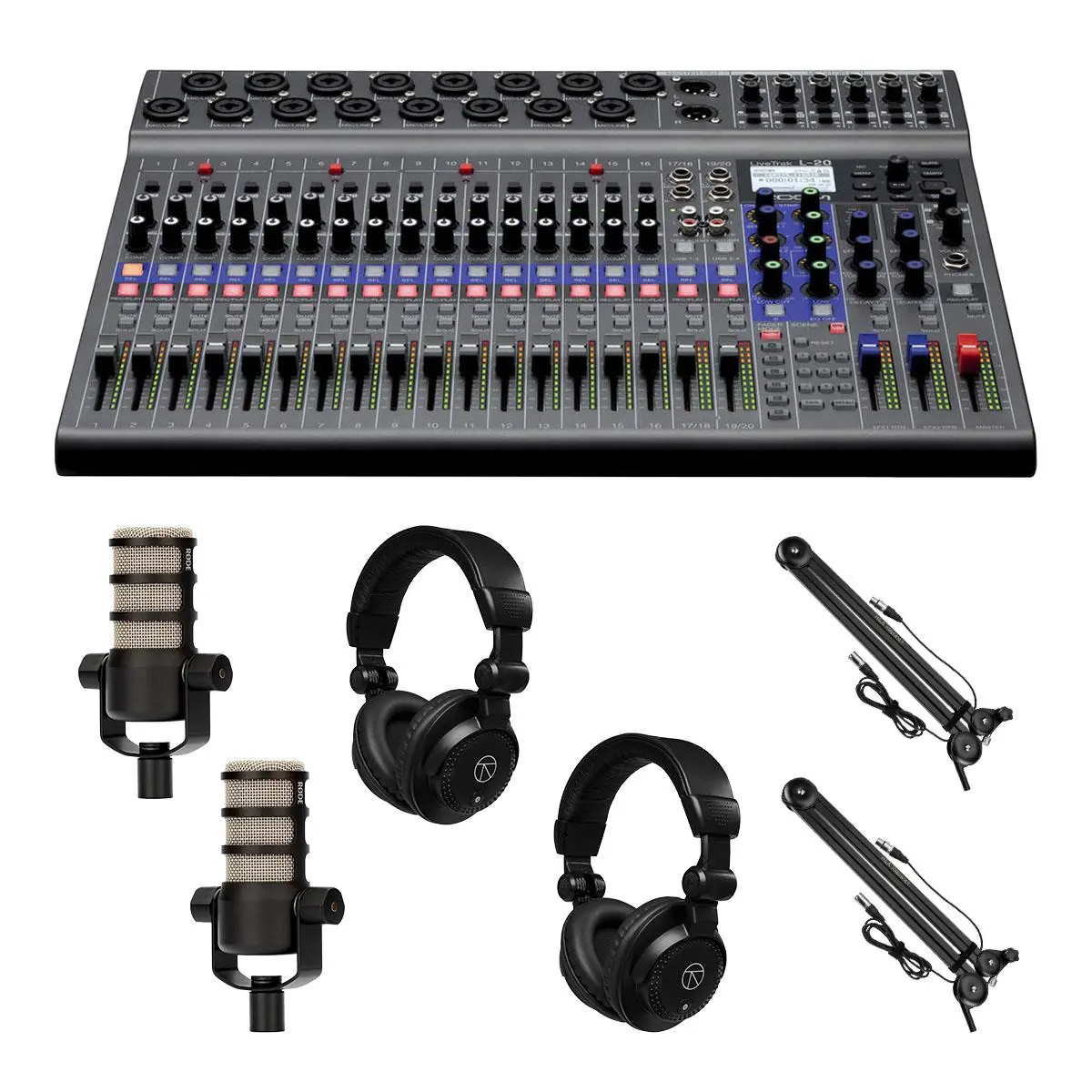 Zoom LiveTrak L-20 20-Channel Digital Mixer & Multitrack Recorder, Bundle with 2x PodMic Microphone, 2x TAPH100 Monitor Headphones, 2x Broadcast Arm