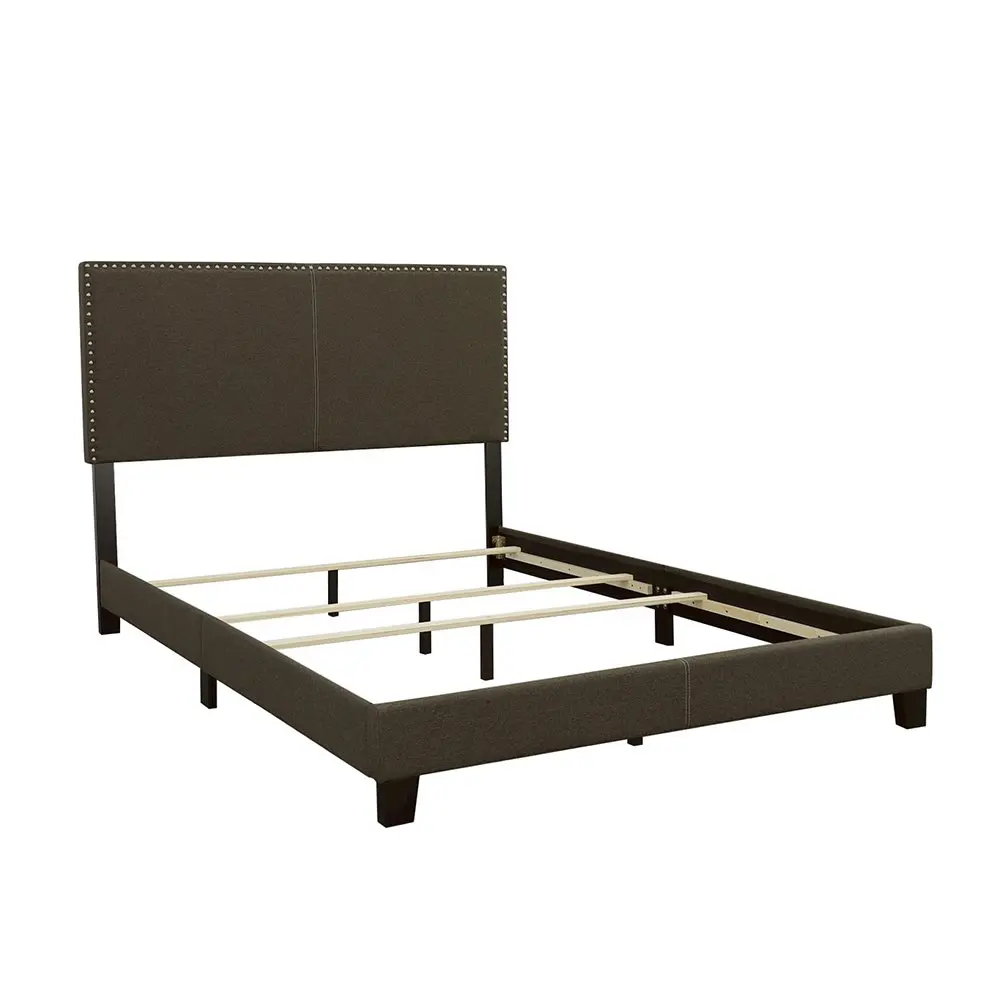 Boyd Upholstered Eastern King Panel Bed, Charcoal, Smooth Upholstery, Chrome Accents, Neutral Tone, Open Frame Design, Solid Wood Legs, Black