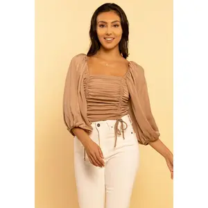 Mocha Square Neck Puff Sleeve Ruched Drawstring Crop Top