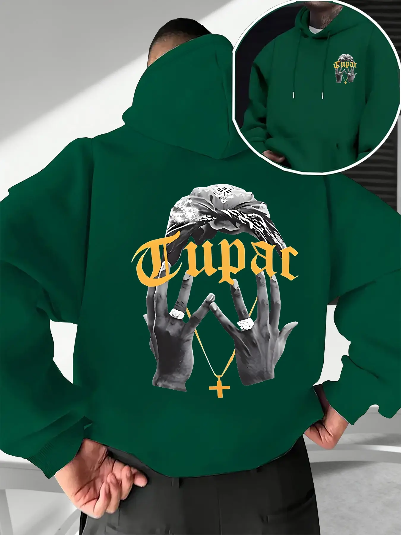 Tupac Pattern Men's Fall Winter Trendy Hooded Sweatshirt, Tupac Pattern Front Back ...