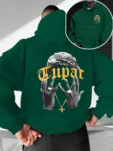 Men's Fall Winter Trendy Hooded Sweatshirt, Tupac Pattern Front Back Print, Casual Fitted Hoodie with Drawstring Pocket Design
