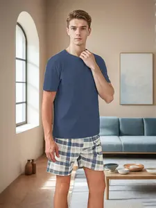 Men's Fashion Summer Pajama Set, Fitted Solid Color Short Sleeve Top & Plaid Shorts, Comfortable Polyester Blend, Casual Sleepwear
