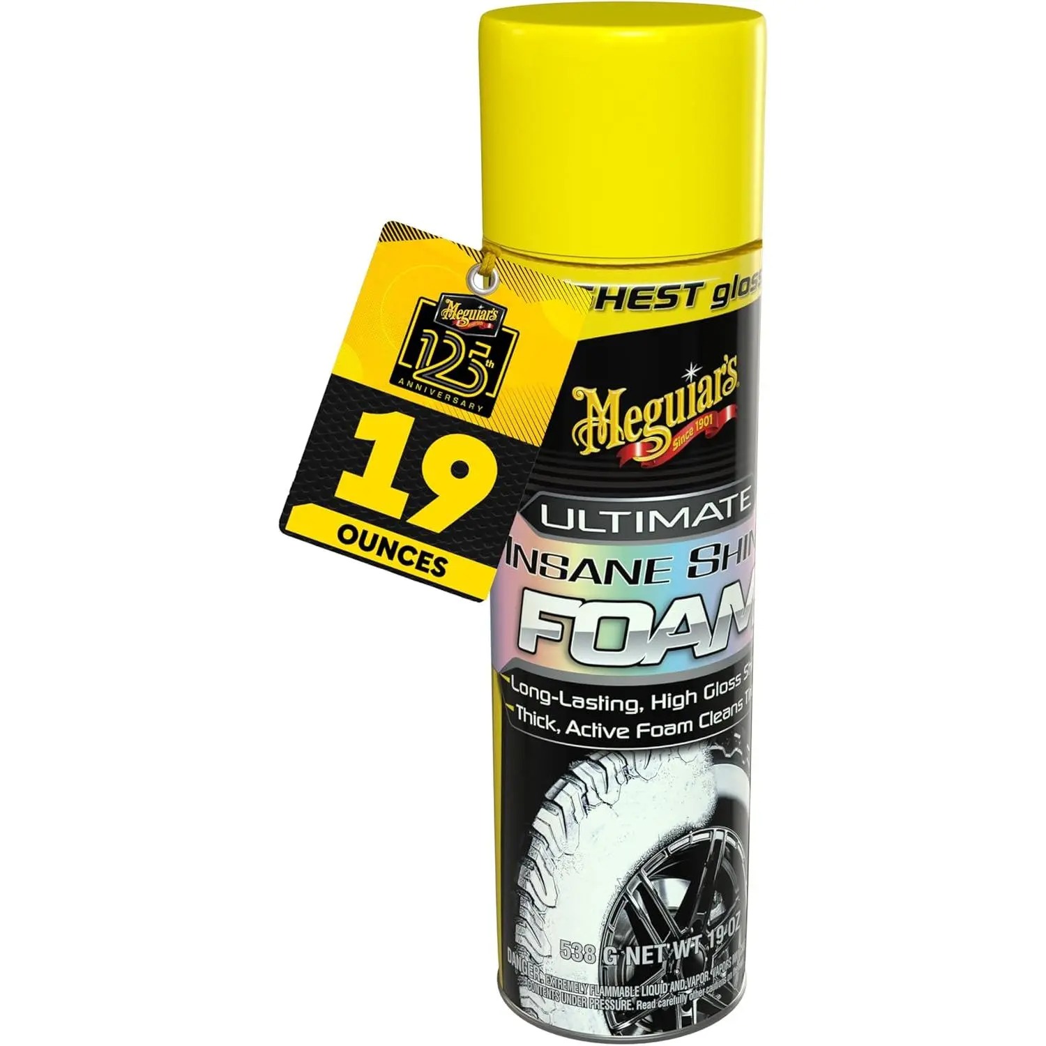 Meguiar's Ultimate Insane Shine Foam, Long-Lasting Tire Shine for an Extreme Shine and Gloss, Rich, Dark and Consistent Finish, No Wiping or Rinsing Required, 19 Oz