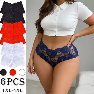 Women's 6-Pack Basic Minimalist Solid Briefs - Feminine Lingerie-Style, Soft Elastic, Stretch Hollow Lace, Breathable Skin-Friendly Seamless Fabric, Heart-Design Hip-Lifting Plus Size Triangle Panties for Everyday Wear & Dates, Pack Of 6