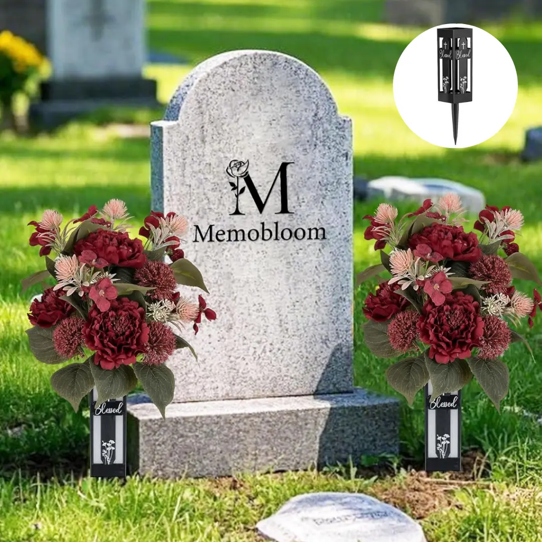 2Pcs Memorial Grave Flower with Ground Spike Weatherproof Peony Flower Arrangement Outdoor Cemetery Tribute Decoration Gift Summer Vibes