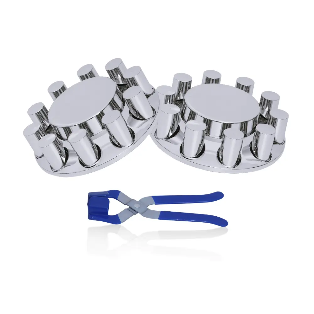 2 Front Flat Top ABS Chrome Plastic Front Axle Cover Kit, 33mm Thread-On Flange Nut Covers and Removable Hub Caps for Semi Trucks or Trailer