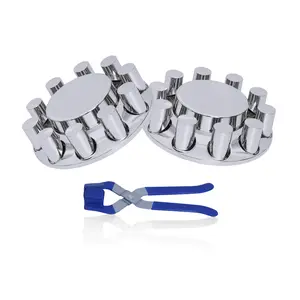 2 Front Flat Top ABS Chrome Plastic Front Axle Cover Kit, 33mm Thread-On Flange Nut Covers and Removable Hub Caps for Semi Trucks or Trailer