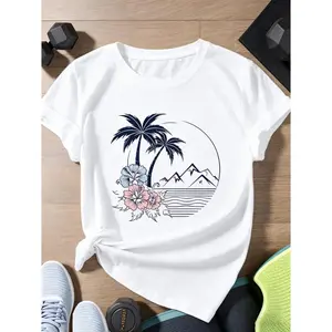 Two White Palm Trees Women's Sports Short Sleeve T-Shirt, Beautiful and Fun Pattern, Soft and Silky Fabric Loose and Stylish T-Shirt, Women's T-Shirt