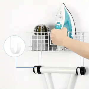 White Wall Mounted Ironing Board Hanger Holder with Storage Baskets Laundry Room Rack Wall Mount Metal Ironing Board Rack with Shelf and Basket for Laundry Room Organization and Storage with 2 Baskets