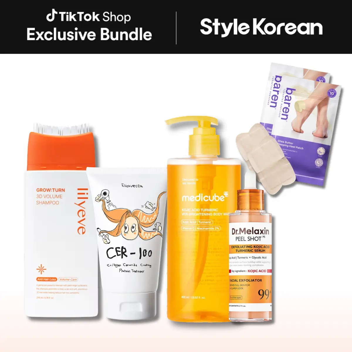 [StyleKorean] Head-to-Toe Ultimate Care Set - [lilyeve] GrowTurn Shampoo+ [Elizavecca] CER-100 Collagen Ceramide Treatment + [MEDICUBE] Kojic Acid Turmeric  Body Wash + [Dr.Melaxin] Peel Shot Turmeric Serum + [BAREN] Shea ButterHeel Patch (10pcs)
