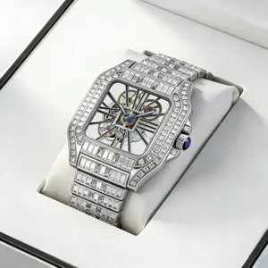 Luxurious Diamond-Embellished Openwork Design with Square Dial — A Stylish Timepiece. This diamond-adorned men's watch shines brightly in the professional sphere, exuding sheer brilliance.