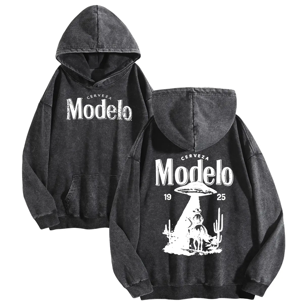 Holafish Acid Wash Cotton Hoodie with Kangaroo Pocket Vintage Modelo Pattern Cozy Everyday Comfort Pullover for Fall Winter Streetwear Unisex Soft Thin Sweatshirt