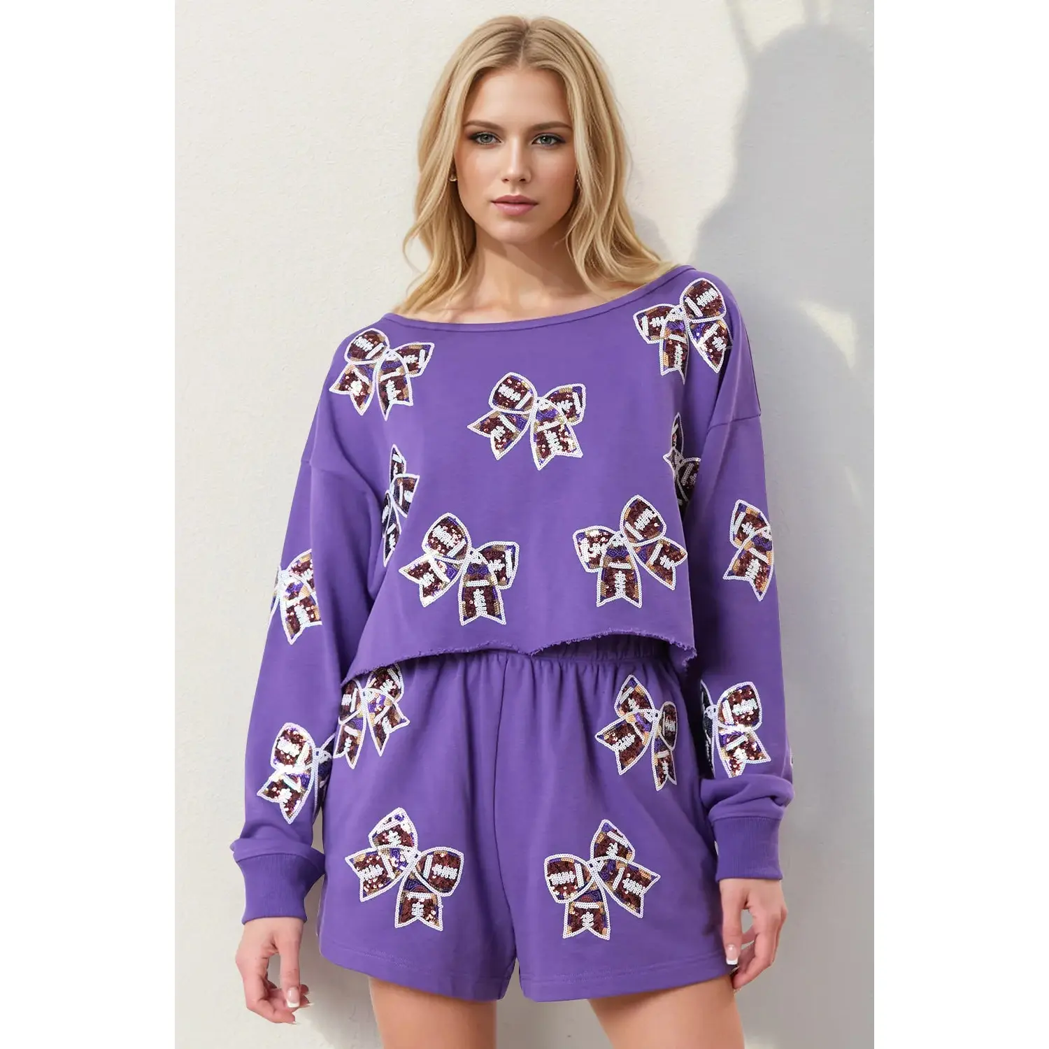 Double Take Sequin Bow Cropped Top and Shorts Set