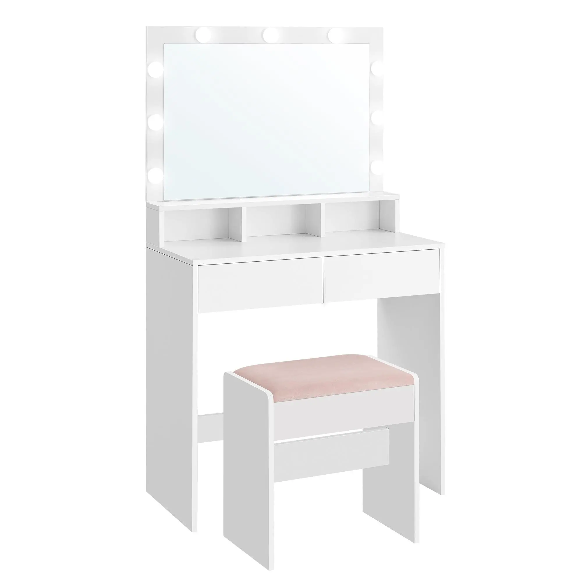 VASAGLE Vanity Desk with Mirror and Lights, Makeup Vanity with Upholstered Vanity Stool, 9 Dimmable LED Lights, 3 Compartments, 2 Drawers, for Bedroom