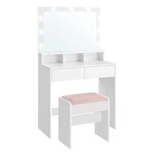 VASAGLE Vanity Desk with Mirror and Lights, Makeup Vanity with Upholstered Vanity Stool, 9 Dimmable LED Lights, 3 Compartments, 2 Drawers, for Bedroom
