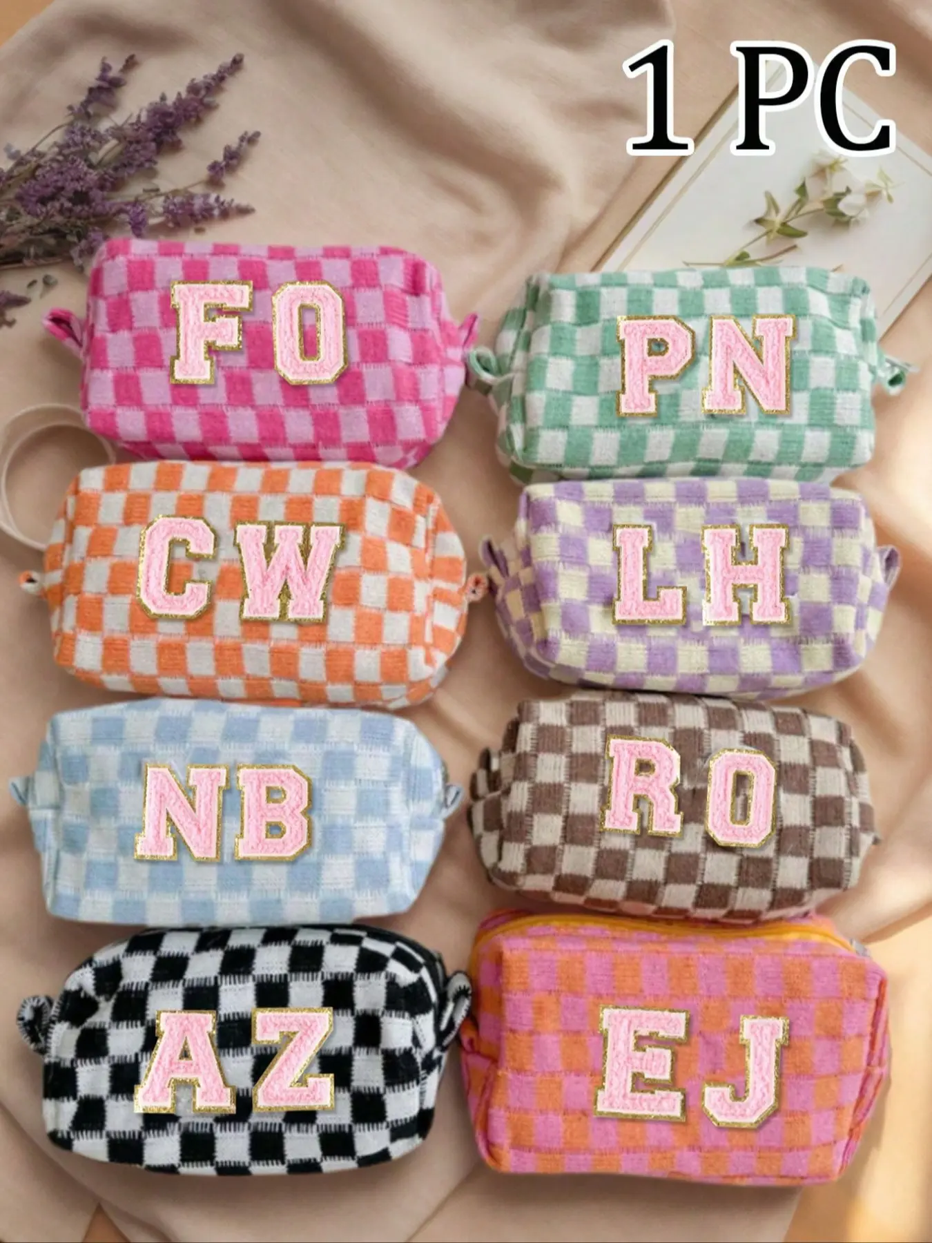 Personalized Plaid Makeup Bag with Towel Embroidery Initial, Custom Bridal Party Proposal Bag, Large Capacity, Fashionable Gift for Her, Cosmetic Pouch