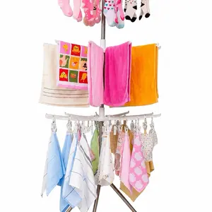 Foldable Clothes Drying Rack 3-Tier 360° Rotating Laundry Hanger Stand with 24 Clips